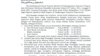 jadwal jam kerja selama bulan ramadhan 1442H kab lombok timur