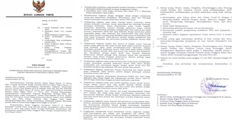Pemkab Lotim Terapkan PPKM Mulai Hari Rabu 14 Juli 2021