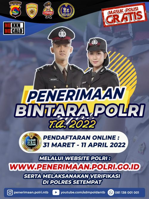 Gratis, Penerimaan Terpadu Bintara Polri Tahun Anggaran 2022