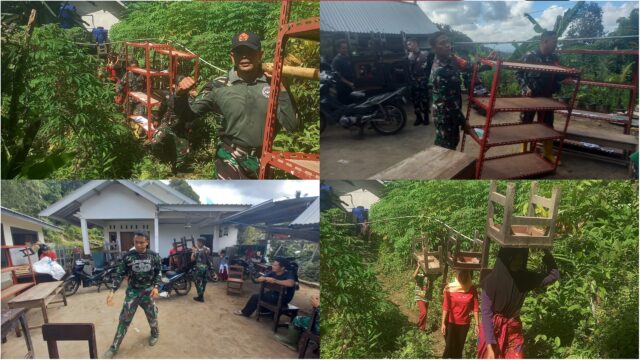 Koramil 1606-07/Gunungsari Bantu Warga Evakuasi Sarana SDN Bukittinggi