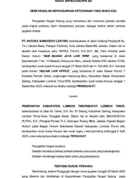 PT. NSL Menang Gugat Pemda Lotim di Pengadilan Negeri Selong
