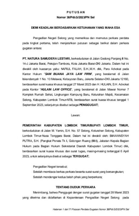 PT. NSL Menang Gugat Pemda Lotim di Pengadilan Negeri Selong