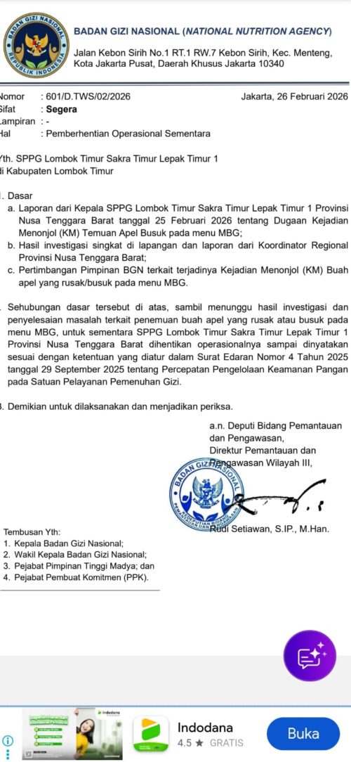 SPPG di Lotim Dihentikan Sementara, Diduga Sajikan Apel Busuk dalam Menu MBG