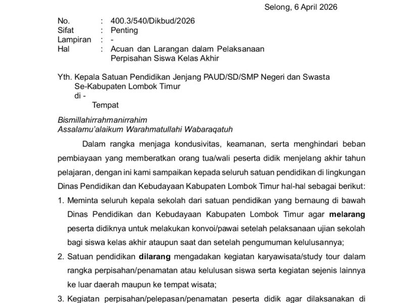 Dikbud Lotim Larang Konvoi dan Study Tour Perpisahan Siswa