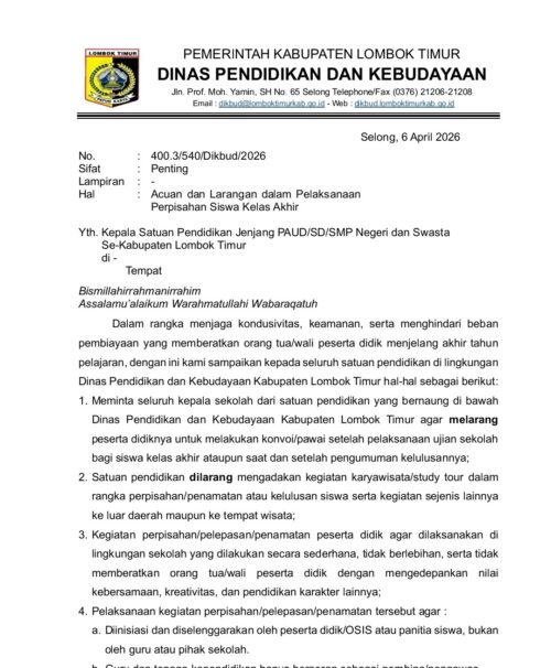 Dikbud Lotim Larang Konvoi dan Study Tour Perpisahan Siswa