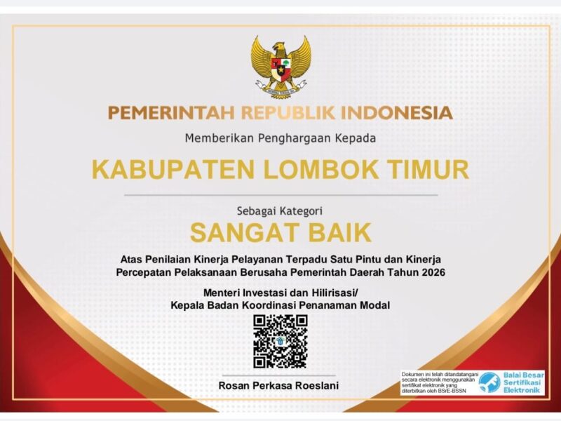 Lotim Raih Predikat Sangat Baik dalam Penilaian Kinerja Perizinan 2026 ‎